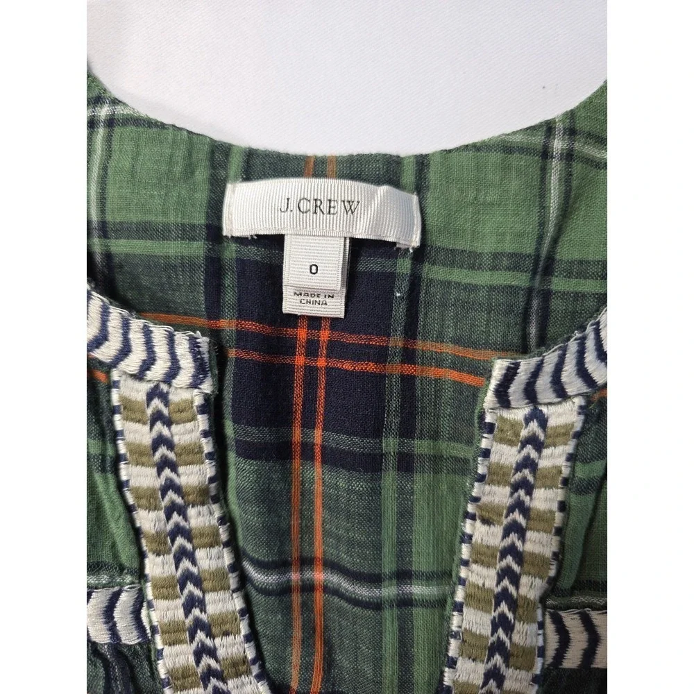 J.Crew Plaid Blouse Women Size 0 Green 100% Cotton Embroidered Boho Top
